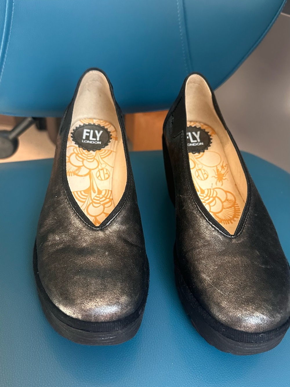 Fly London Metallic Black Platform Wedges Yoza